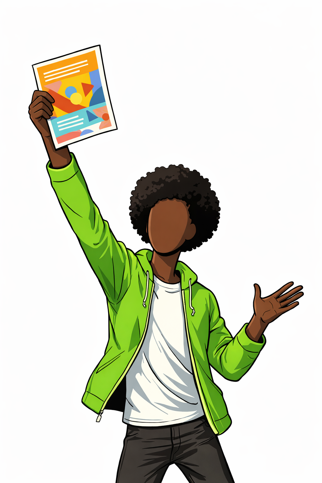 A figure enthusiastically holding up a colorful flyer