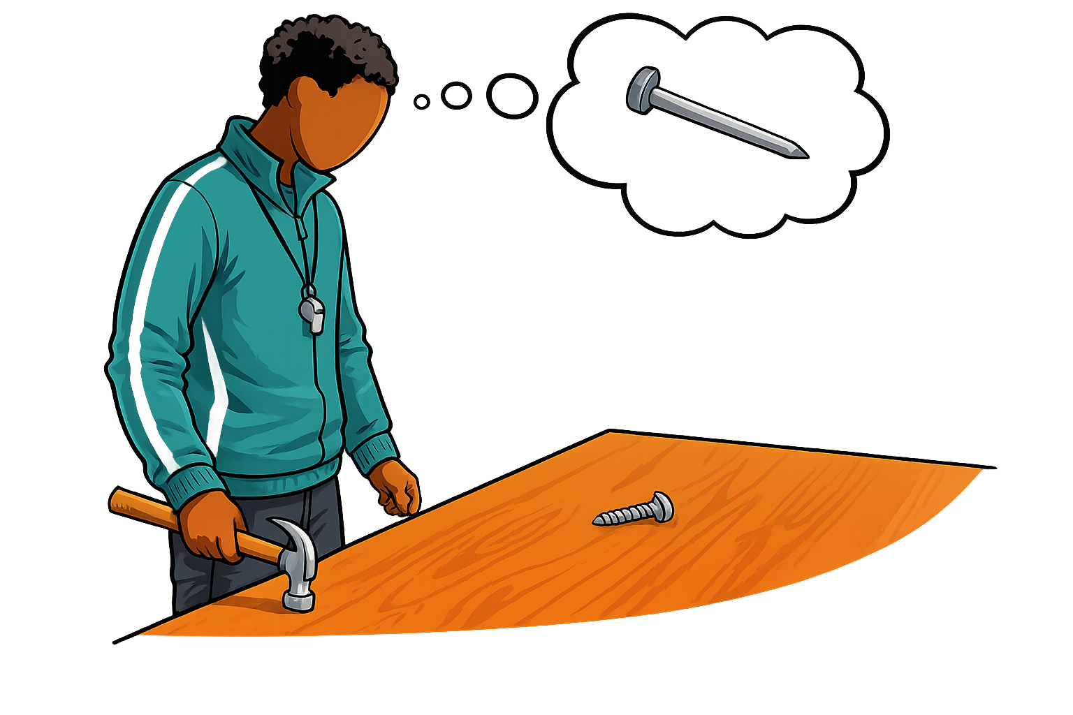 A coach holds a hammer at a workbench looking down at a single screw, with a thought bubble above their head showing a nail — the visual joke that when you only have a hammer, every fastener looks like a nail
