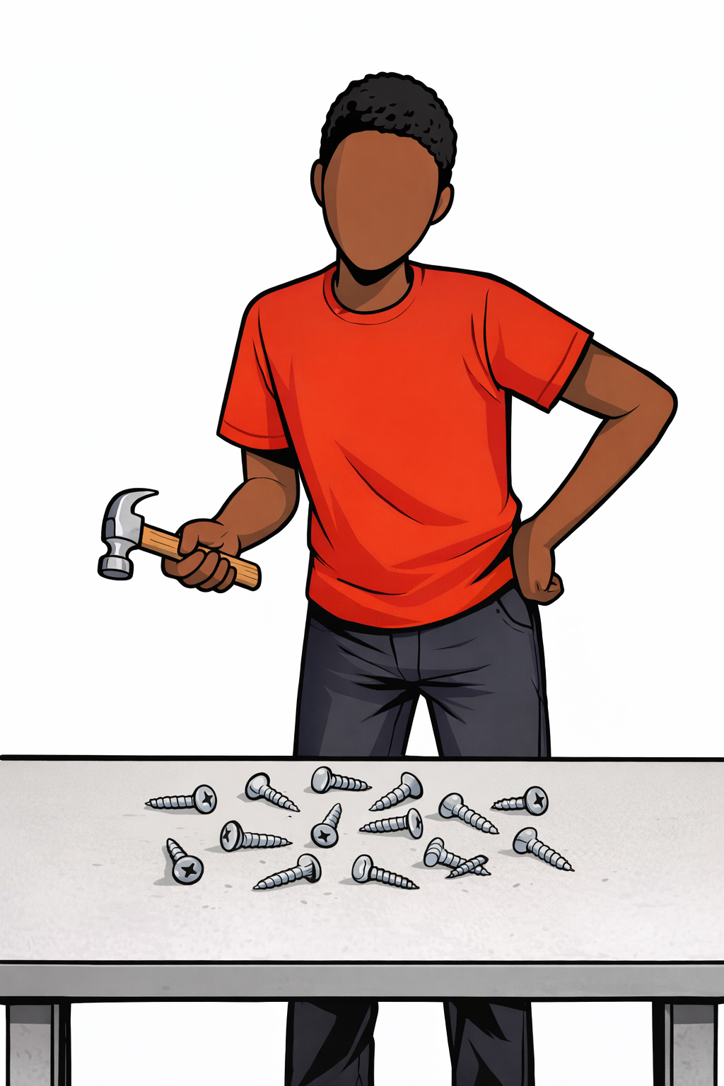 A figure holding a hammer looks down at screws on a workbench