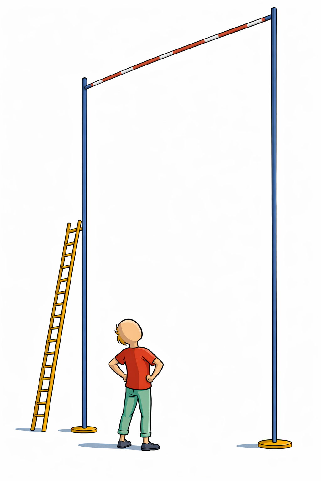 A small figure standing at the base of a comically tall high-jump bar