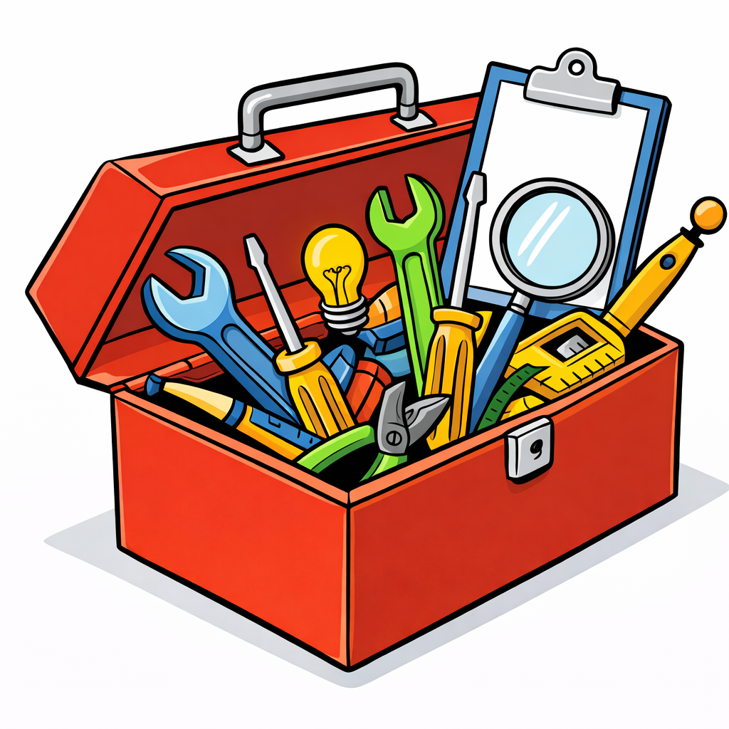 A red toolbox overflowing with colorful tools