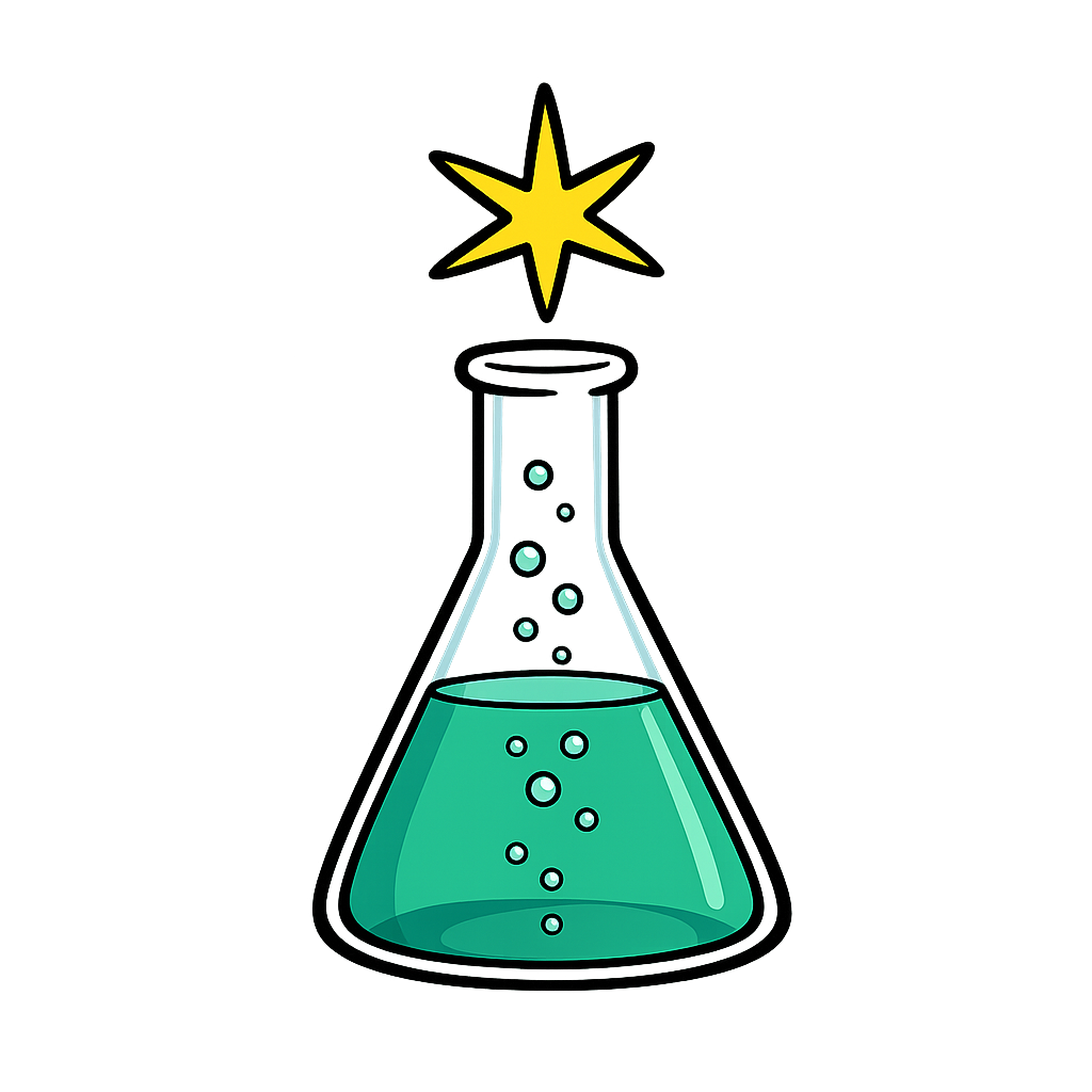Evaluative axis: beaker with bubbling liquid and a spark, representing experiments and measurement