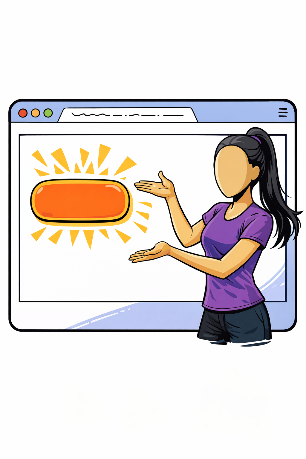 A figure inside a browser window gesturing toward a call-to-action button