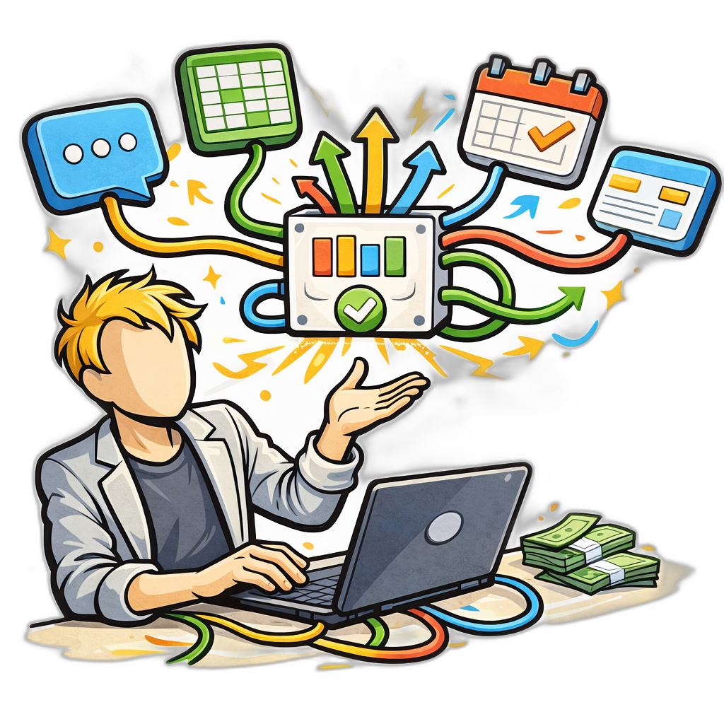A founder wires together no-code tools on a whiteboard while a real customer transaction completes on the laptop screen