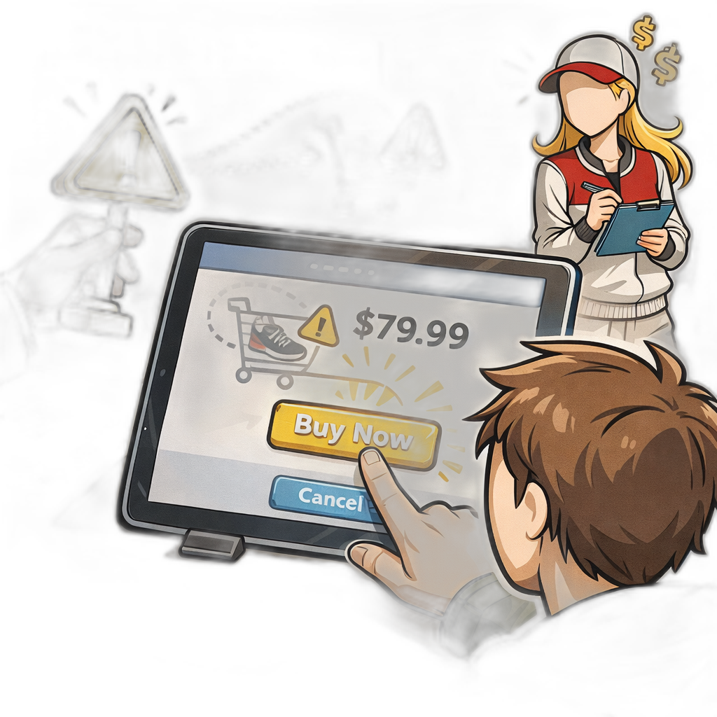 A customer at a checkout screen reaching for the buy button as a "coming soon" message slides into view before payment completes