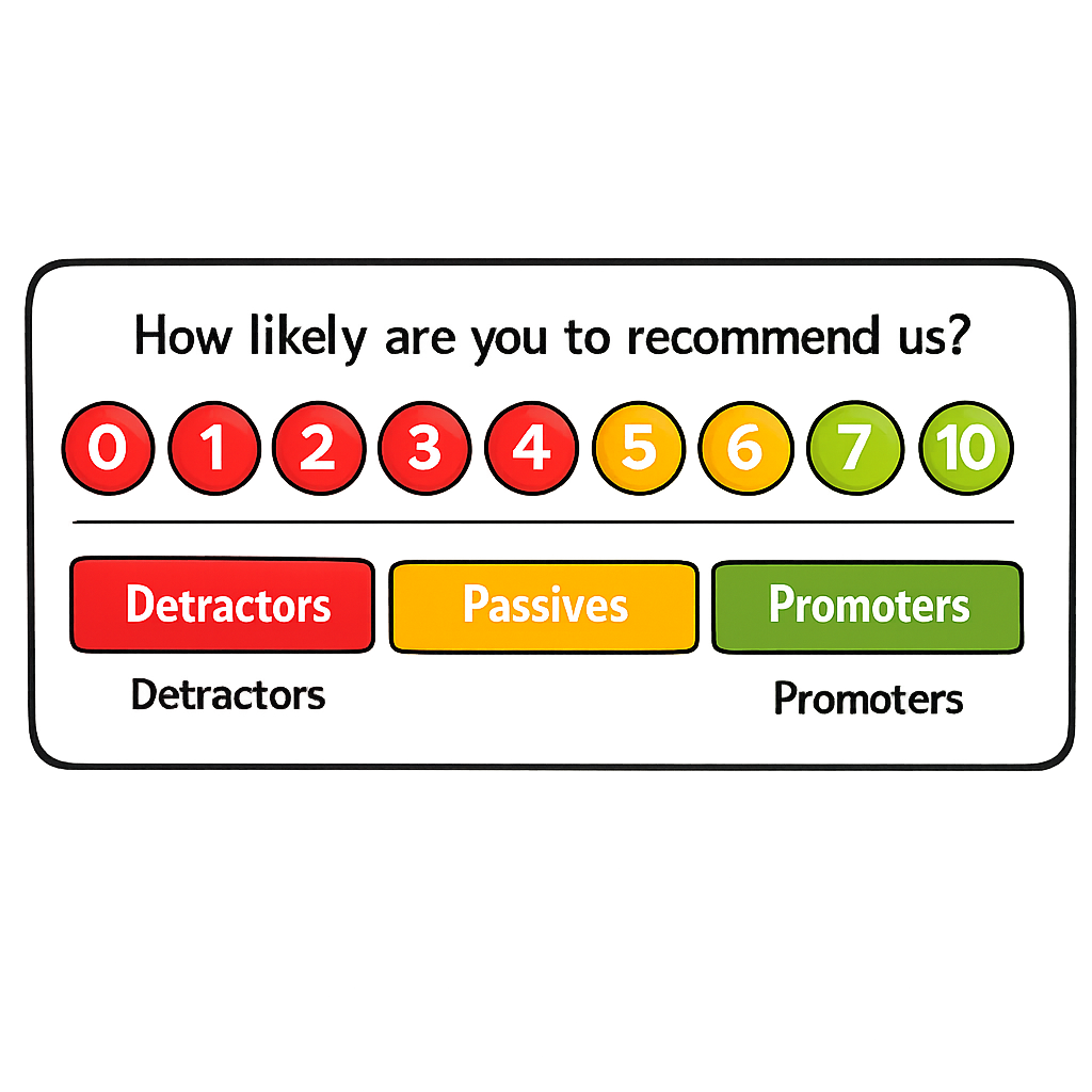 An NPS survey UI with eleven explicit numbered buttons (0 through 10) color-coded — 0–6 in red, 7–8 in yellow, 9–10 in green — labeled Detractors, Passives, Promoters