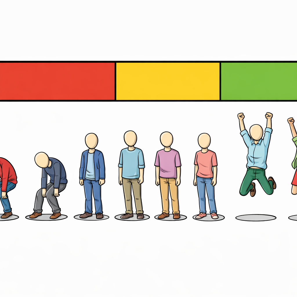 A horizontal scale bar with red, yellow, and green sections and figures showing different postures