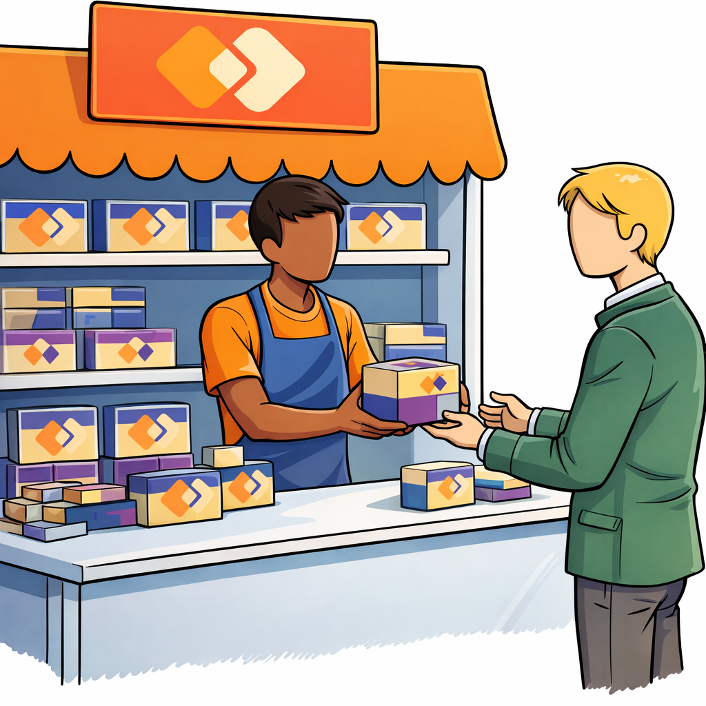 A booth operator handing a product to a customer at a trade show