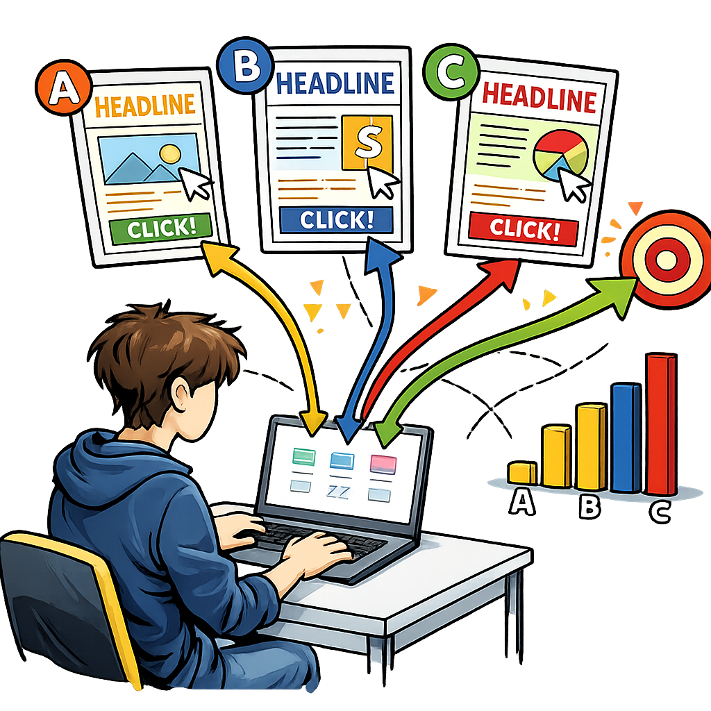 A laptop screen showing three side-by-side ad variants with click-through rates rising and falling above each one as a target audience clicks through