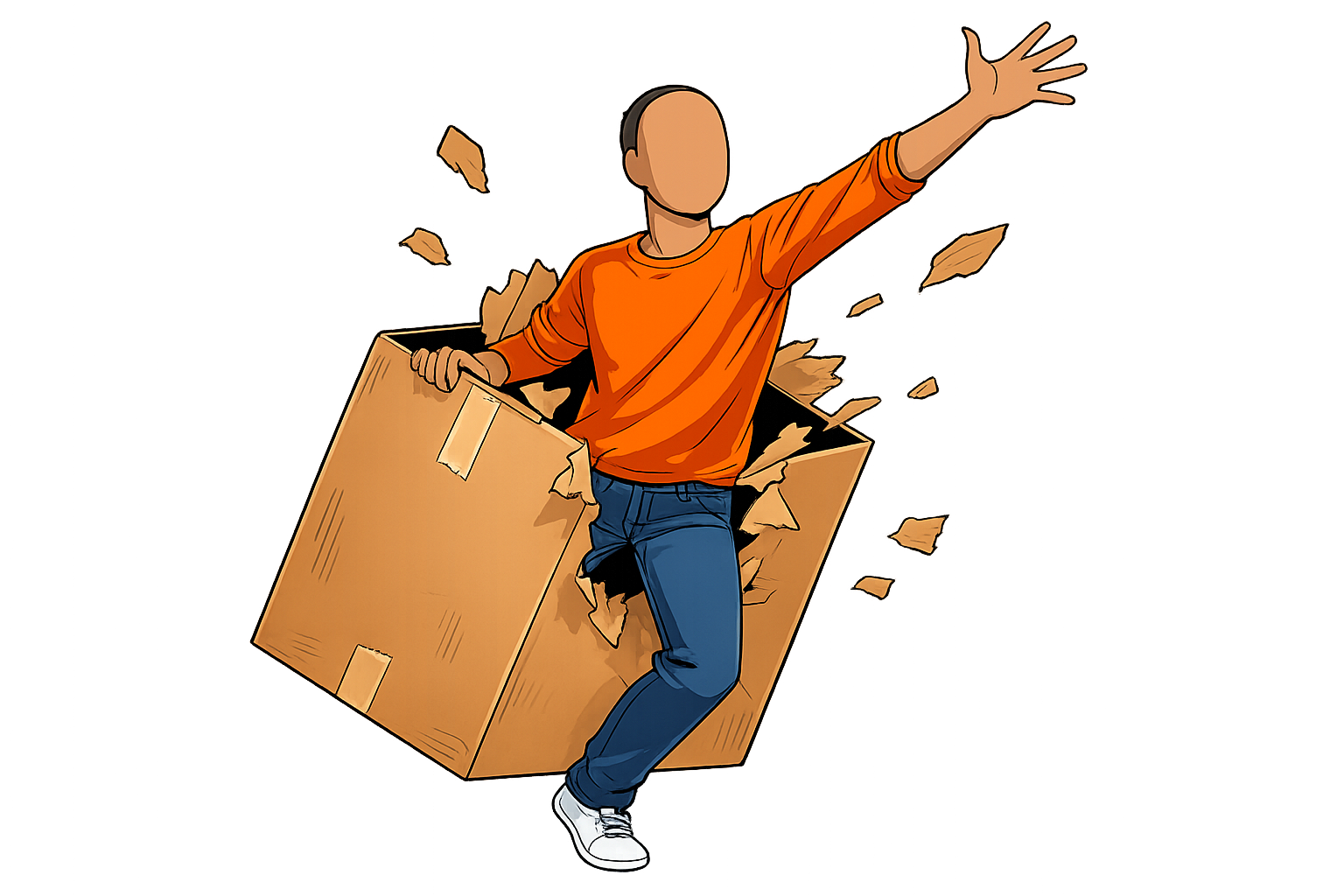 A figure dynamically bursting out through the side of a large cardboard box, with torn cardboard pieces flying around the breakout point