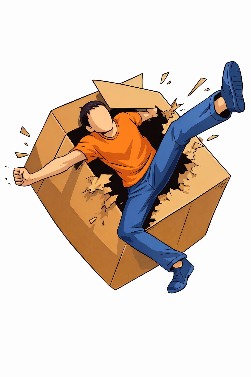 A figure dynamically breaking out of a large cardboard box