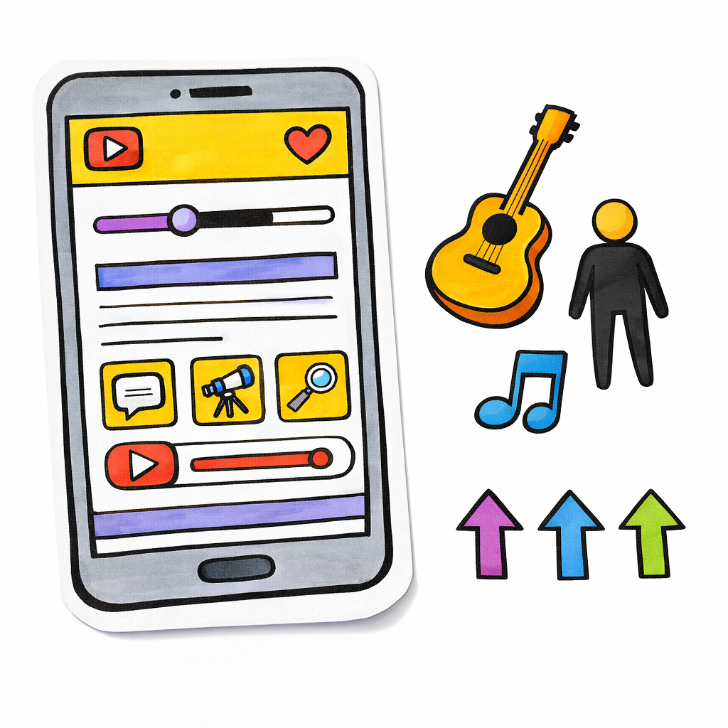 A paper phone mockup with hand-drawn UI elements sketched in bold marker