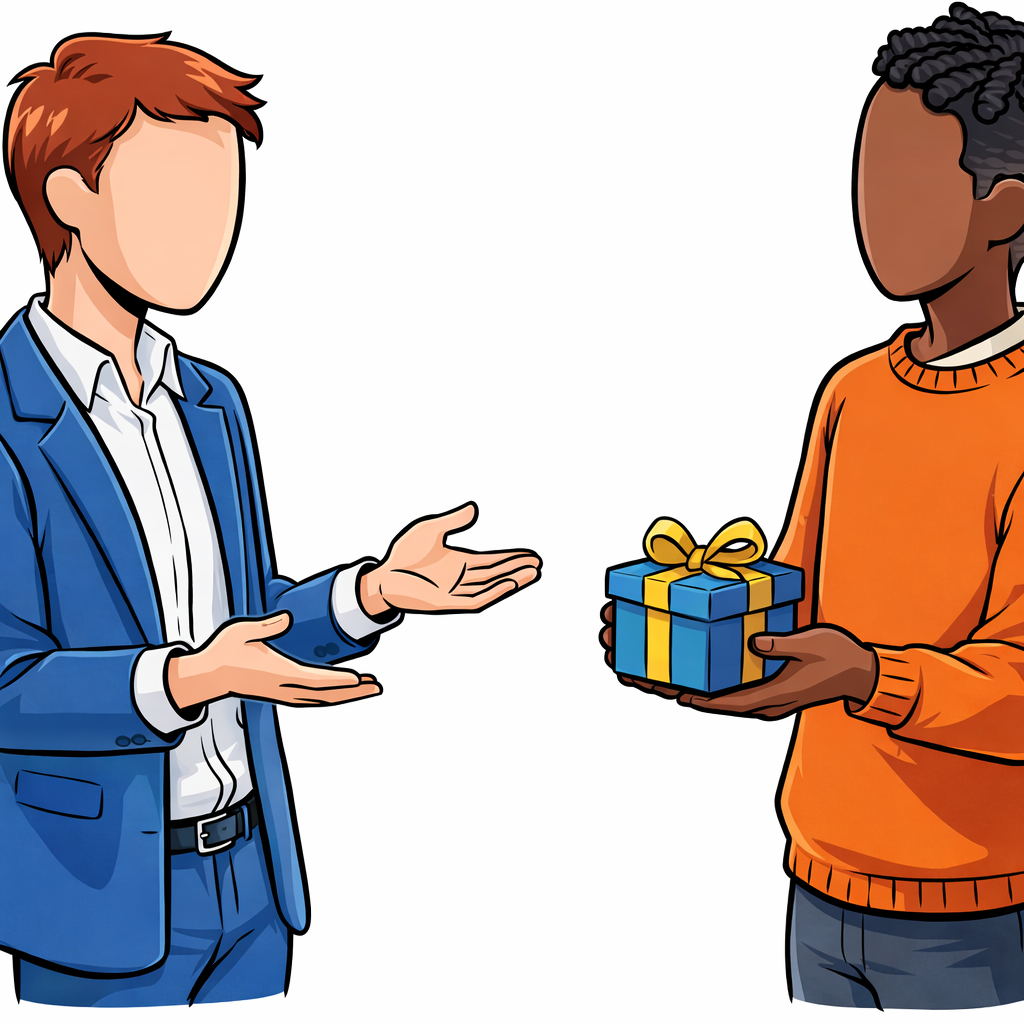 Two figures exchanging a small gift-wrapped box in casual conversation