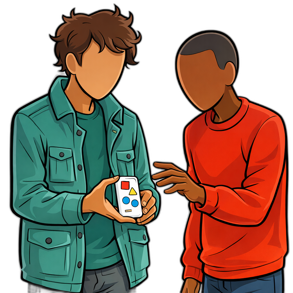 Two figures in conversation, one pulling a small prototype from their jacket pocket