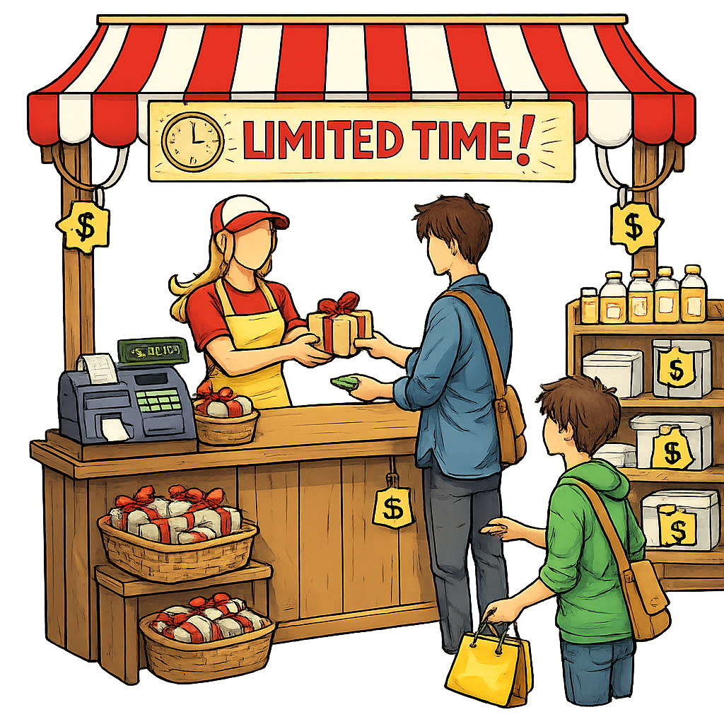 A small temporary storefront on a sidewalk with a hand-painted sign and a founder behind a counter handing a product to a curious passerby