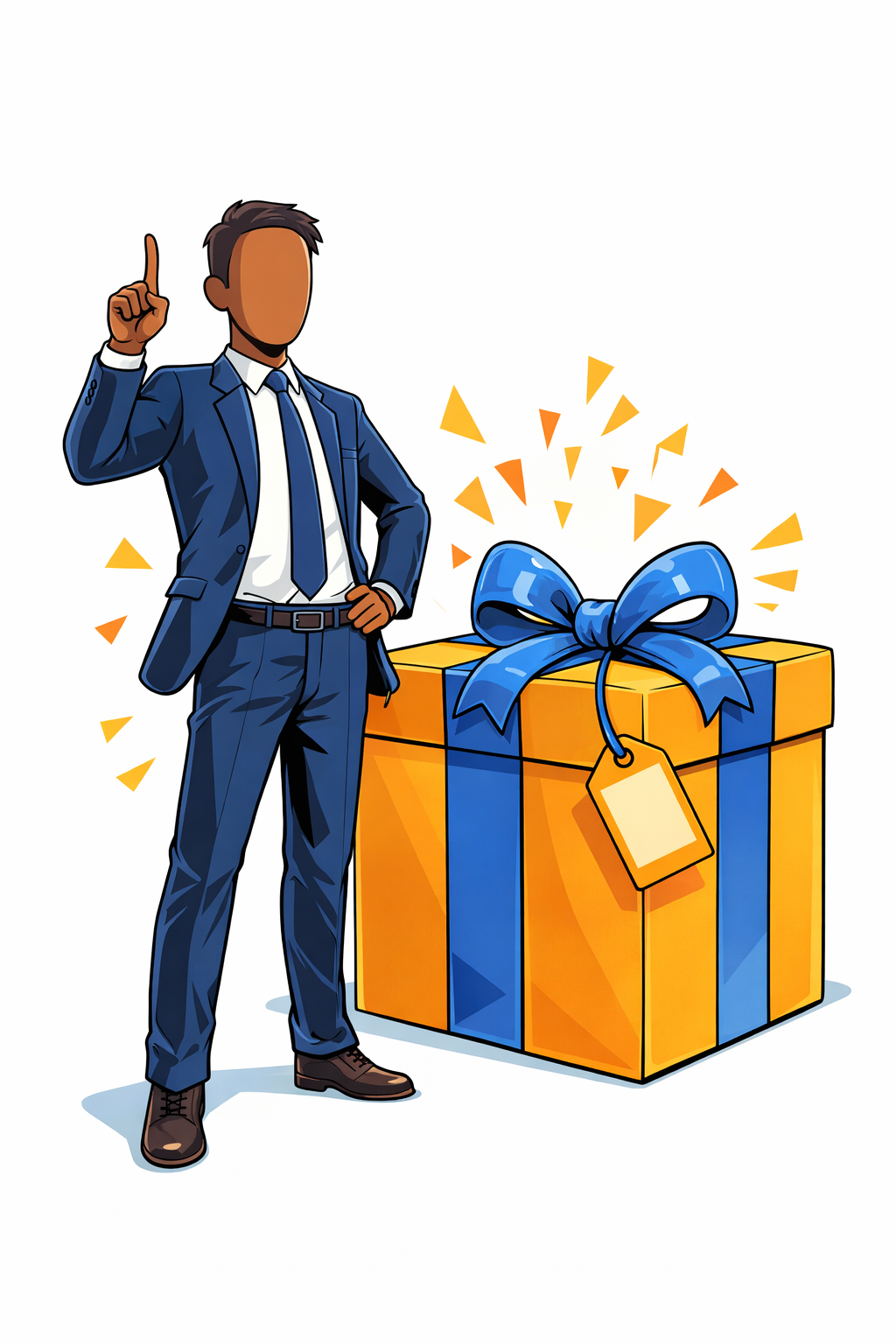 A figure in a suit standing next to a gift-wrapped box with a price tag