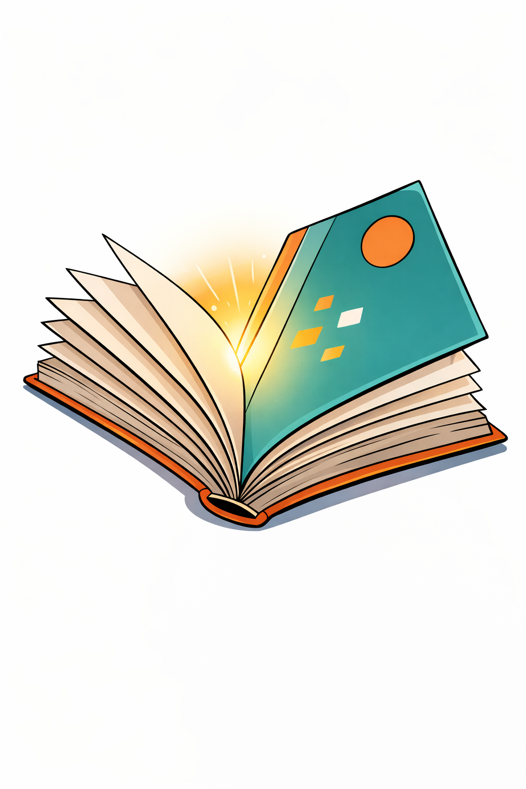 A colorful hardcover book lying open with pages fanning out