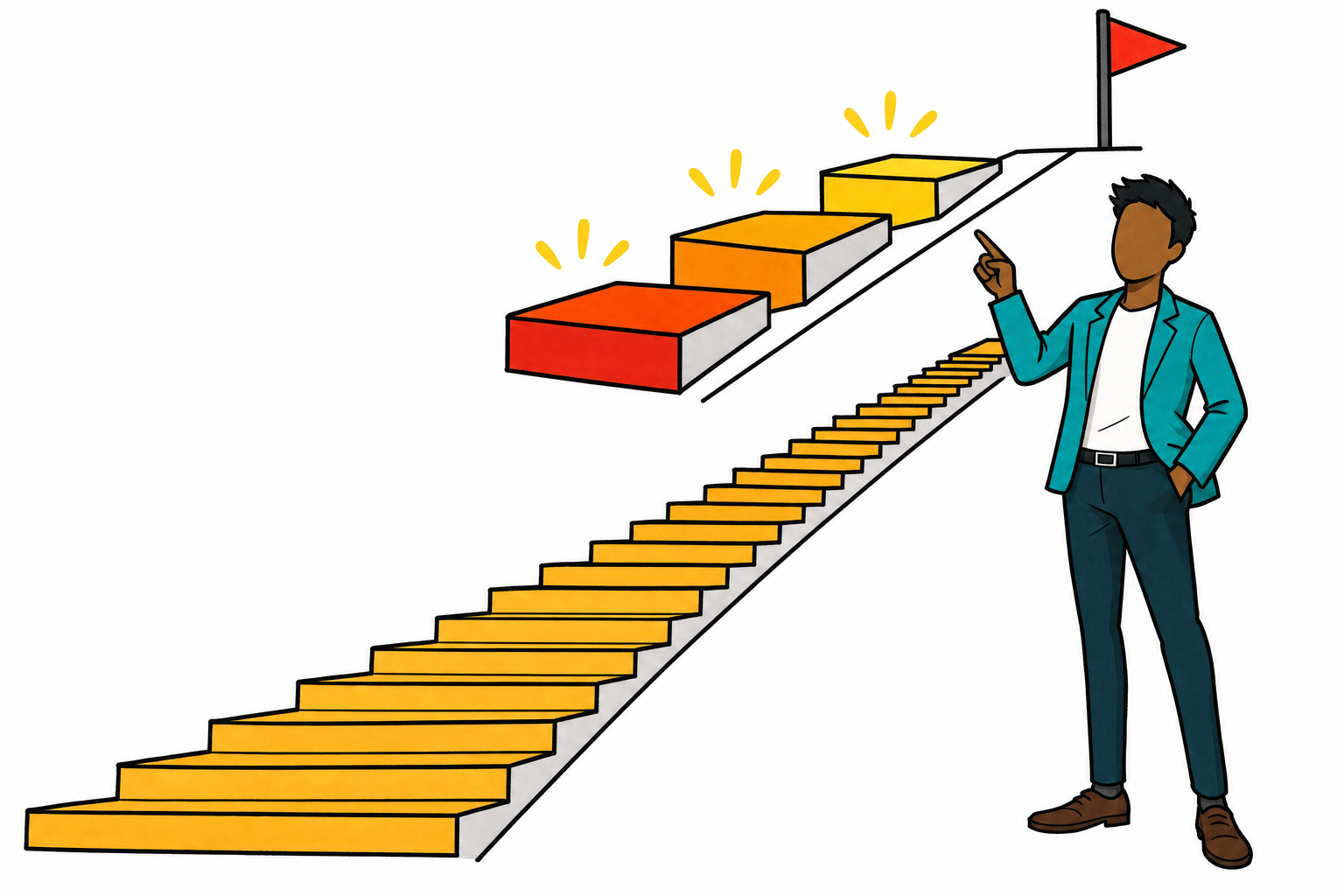 An entrepreneur stands at the right of the frame gesturing upward at two staircases climbing to the same goal flag — the lower long one with many small steps, the upper short one with three steps marked by sparkles, visual joke that AI-era tools compress the path