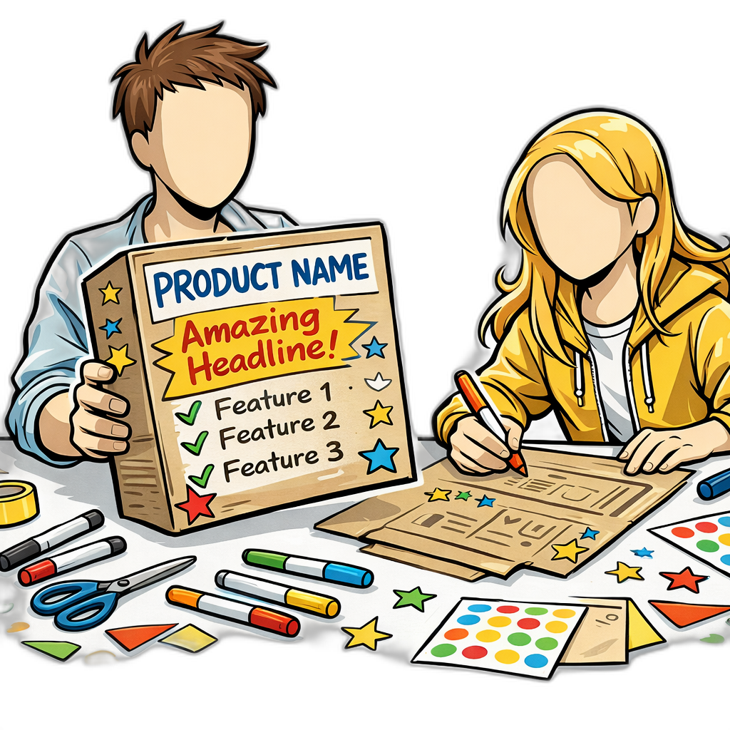 Participants decorating cardboard boxes with markers and magazine cutouts to design retail packaging for an imagined product