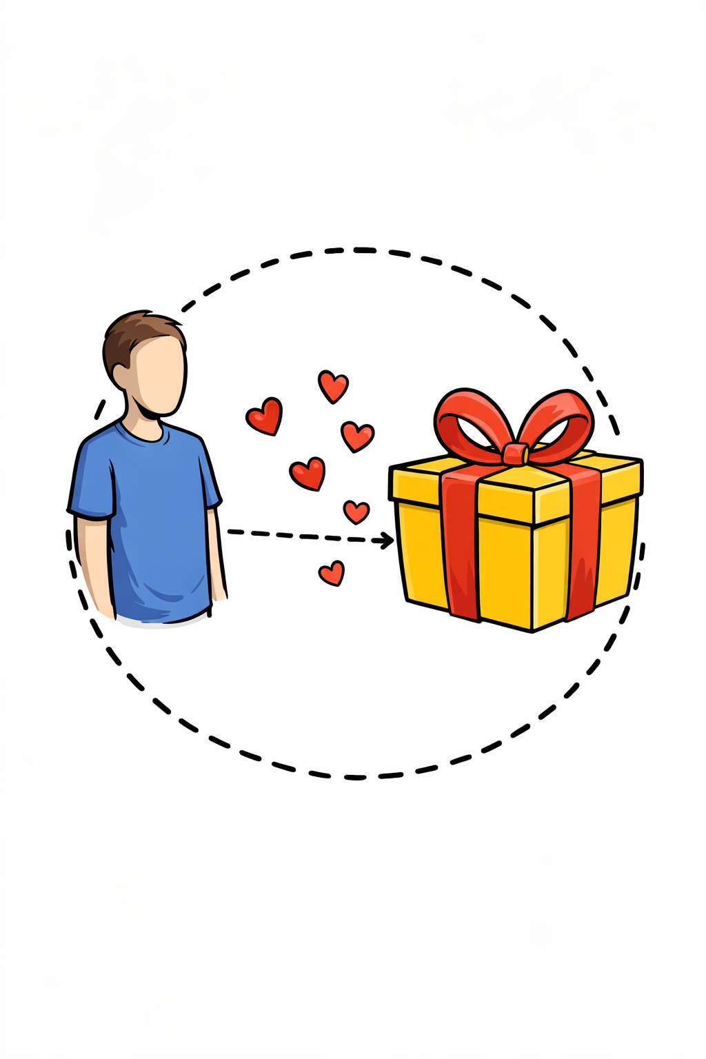 A figure standing inside a dashed circle next to a gift box with hearts floating between them