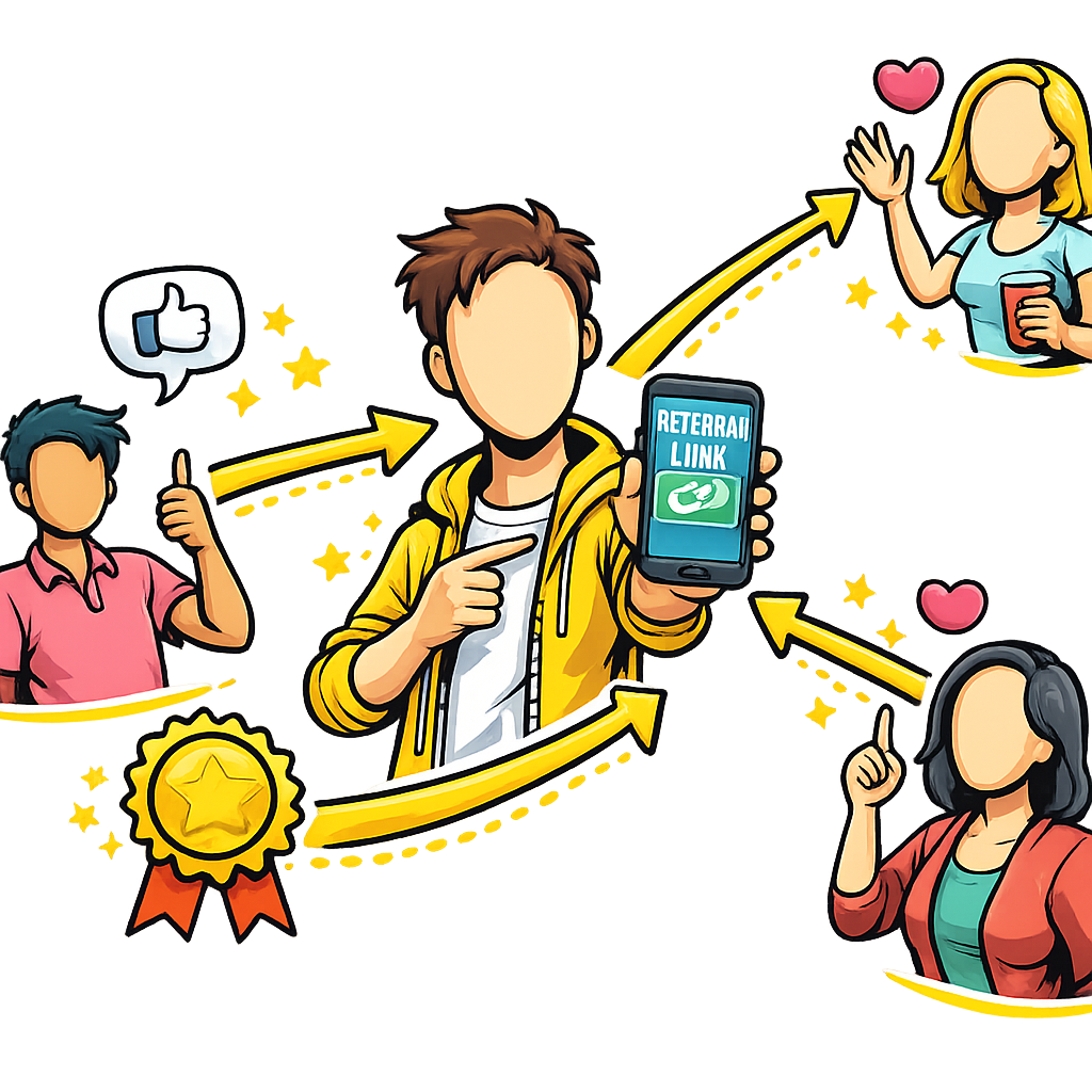 A user holds a phone showing a referral link as branching arrows shoot outward to friends who pass it on to more friends in a chain