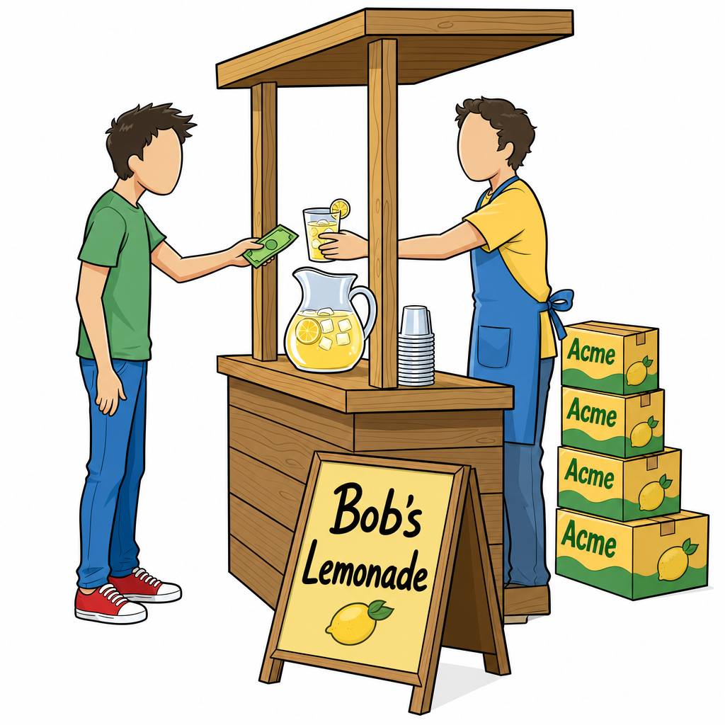 A customer buys a cup at a "Bob's Lemonade" stand while cartons of "Acme" lemonade are stacked behind the counter