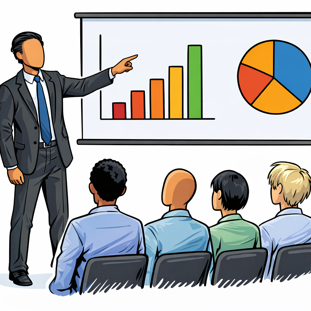 A presenter in business attire pointing at charts on a screen while an audience watches