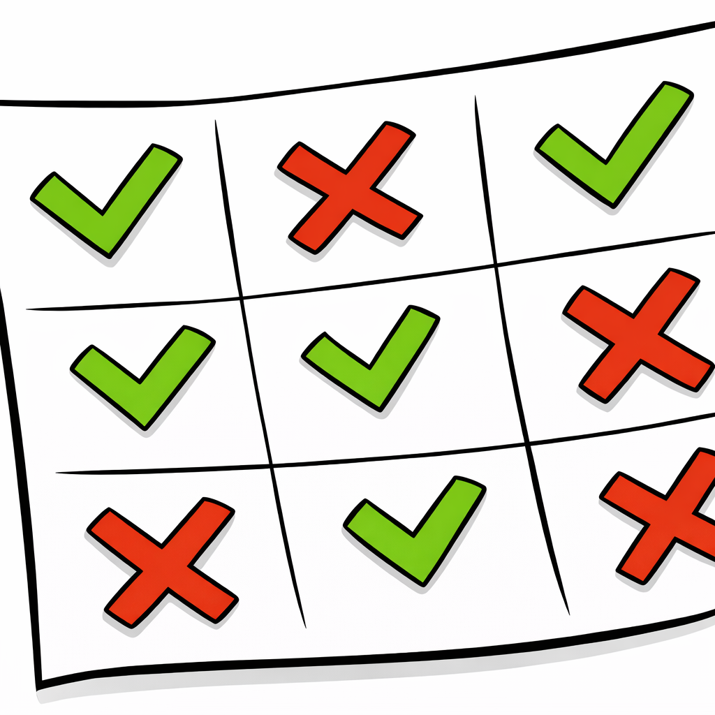 A scorecard grid with green checkmarks and red X marks