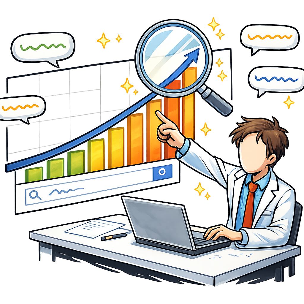 A founder at a laptop studying a rising search-trend line graph and a map of regional interest