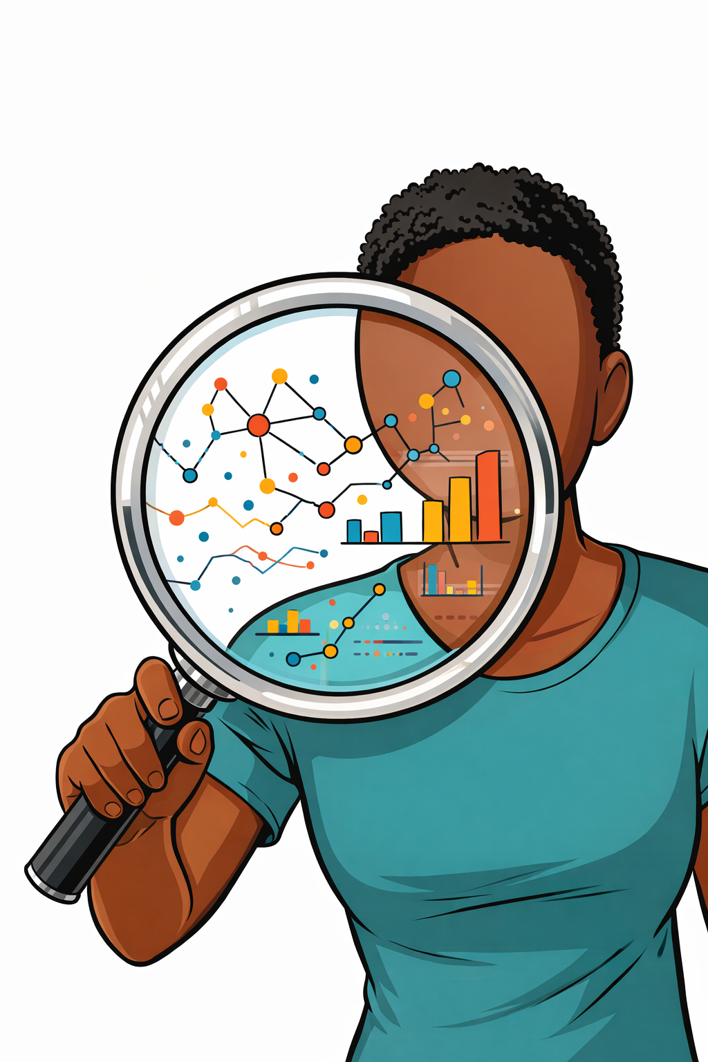 A half-figure peering through a large magnifying glass at data patterns