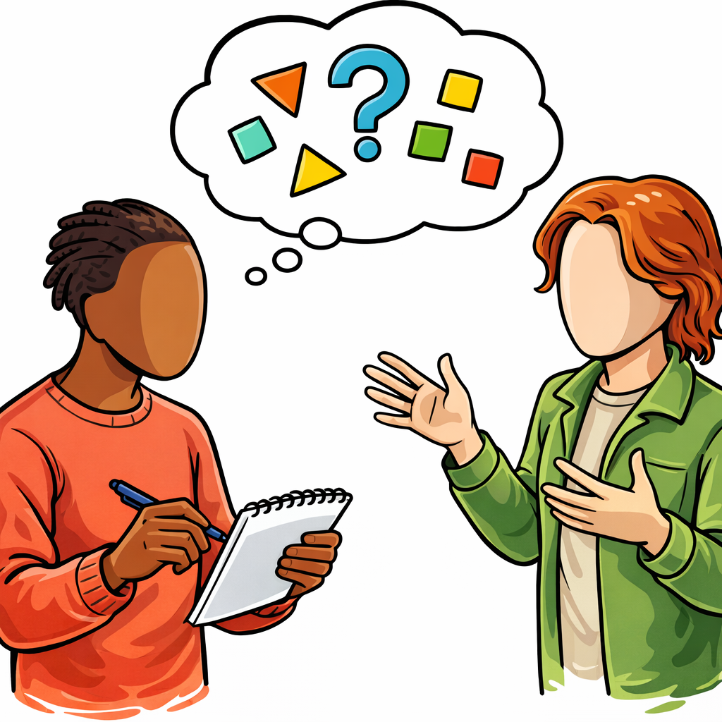 Two figures in conversation, one taking notes while the other explains a solution