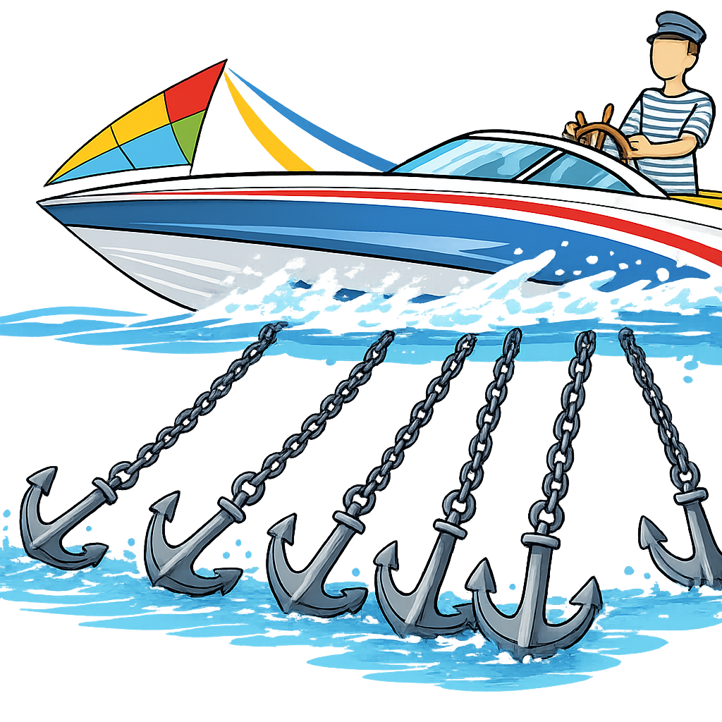 A whiteboard sketch of a boat above a waterline with sticky-note anchors hanging at varying depths below, around a small group adding more notes