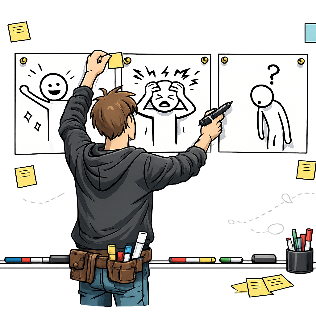A founder sketching a six-panel stick-figure comic of a frustrated customer's daily workflow on a whiteboard