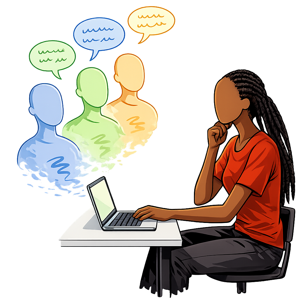A figure at a laptop with translucent persona silhouettes rising from the screen