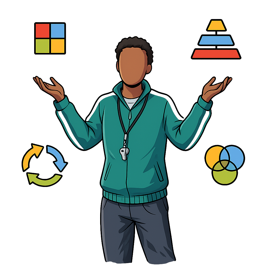 A coach figure stands with arms raised, surrounded by four floating framework icons — a 2x2 grid, a hierarchy pyramid, a circular flow loop, and a Venn diagram