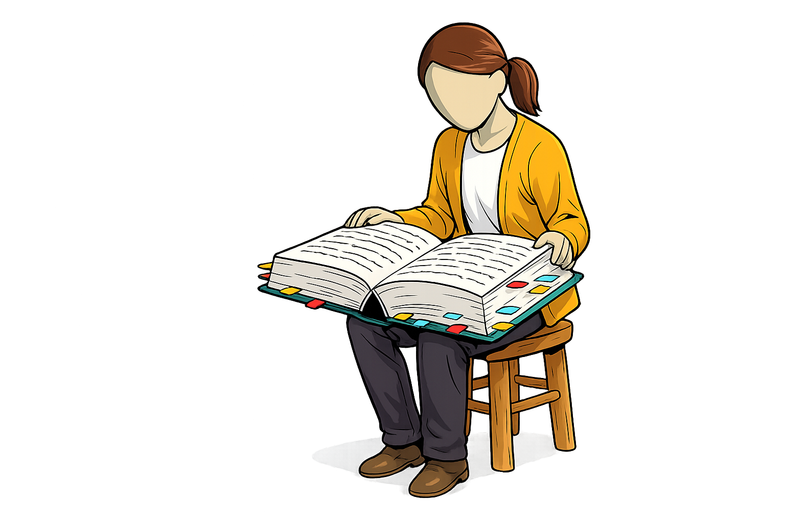 A reader sits on a stool reading a large open hardcover book on their lap, with dozens of colored tab bookmarks protruding from the page edges