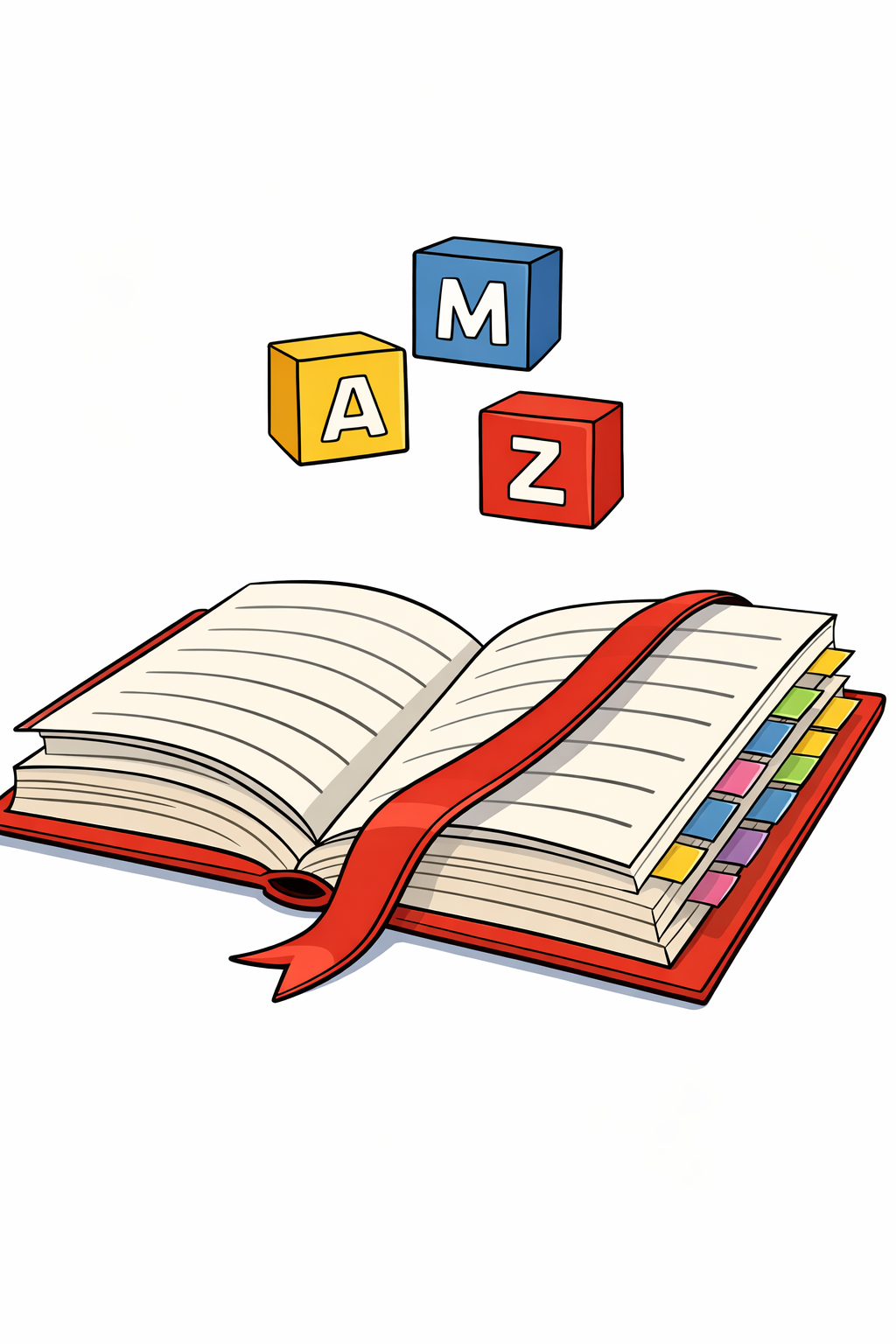 An open book with a ribbon bookmark and floating alphabetical letter blocks