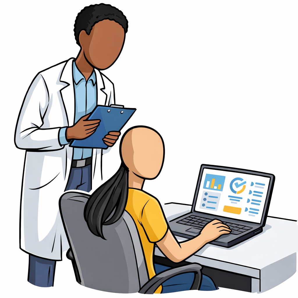 An observer with a clipboard watching a user interact with a laptop