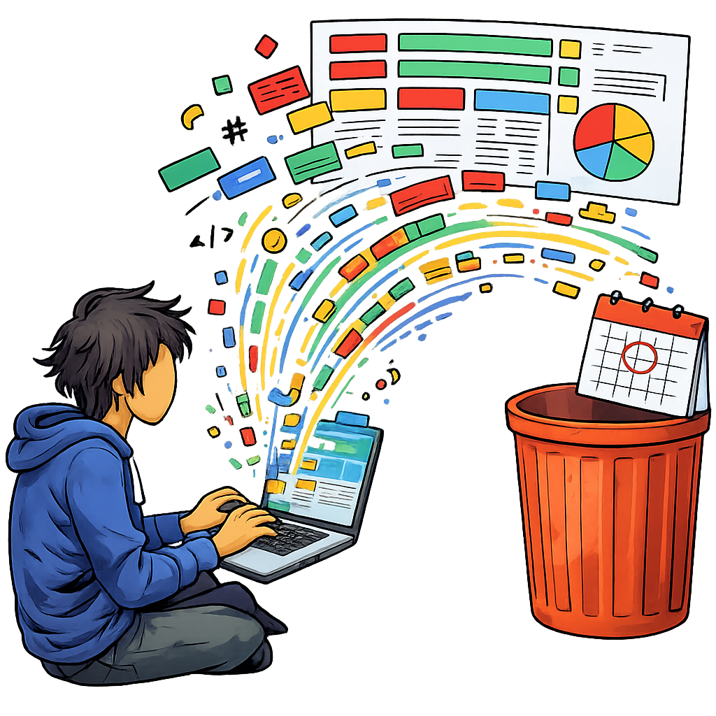 A figure in a hoodie typing rapidly at a laptop with UI components flying upward and a red trash can nearby