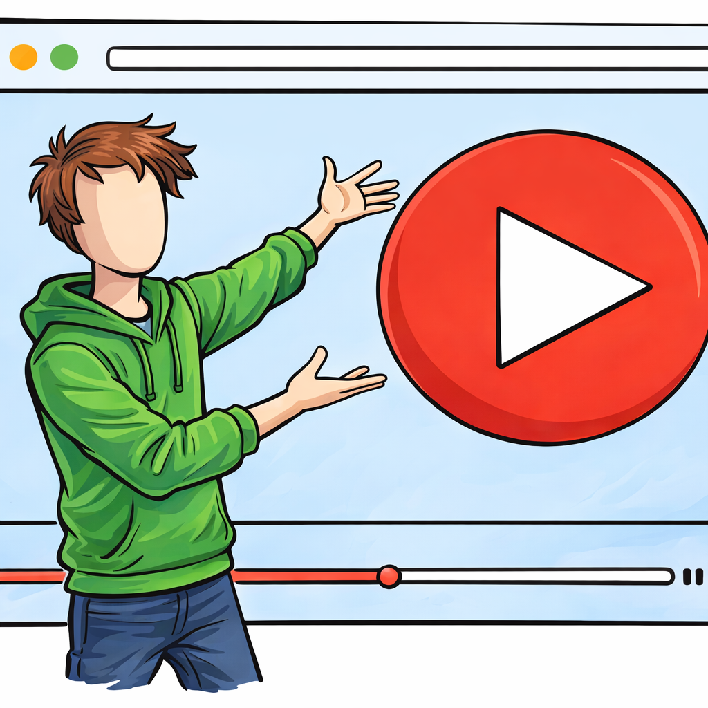 A figure inside a browser window gesturing toward a video play button
