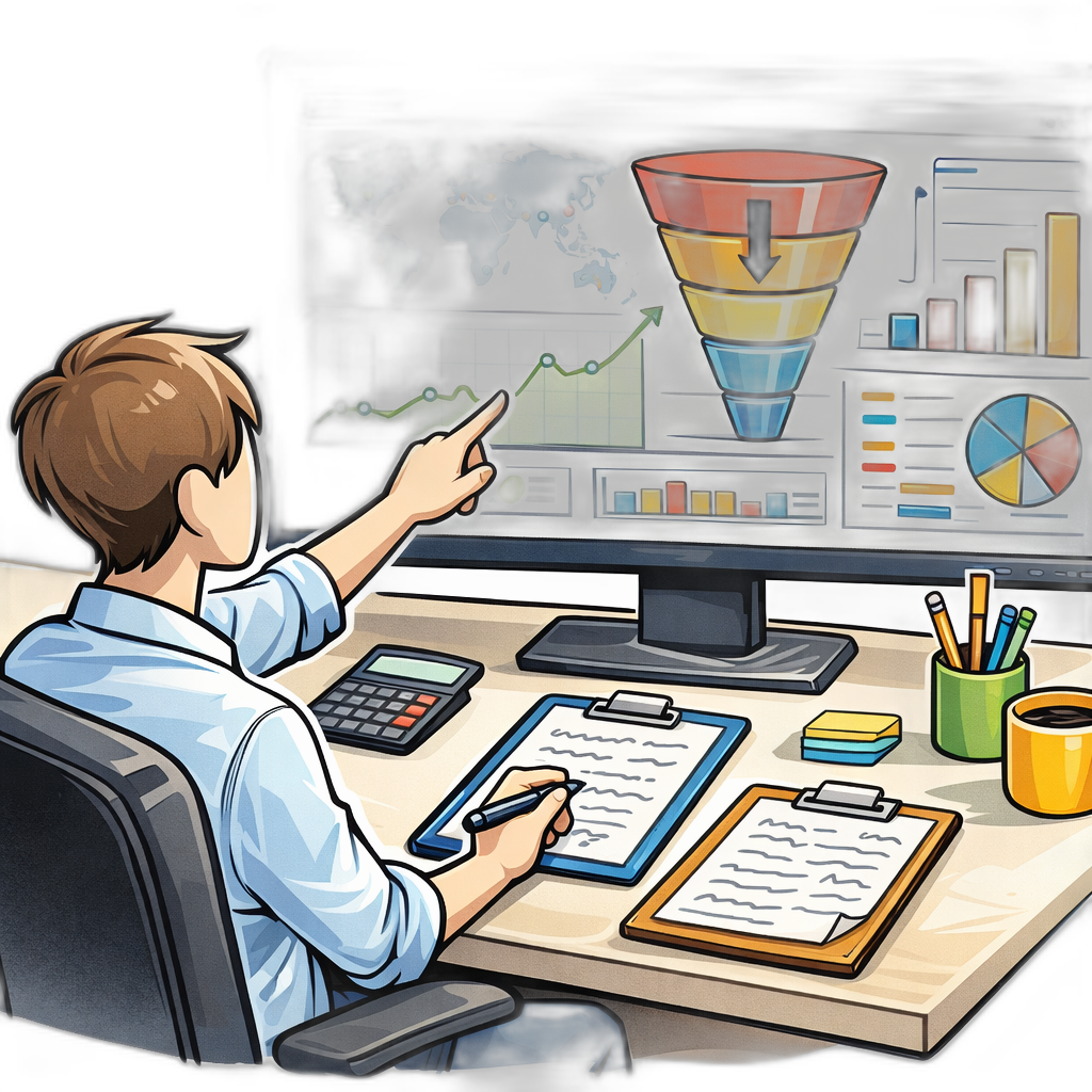 A founder examining web analytics dashboards with funnel charts and a flow diagram of visitor paths on a large monitor