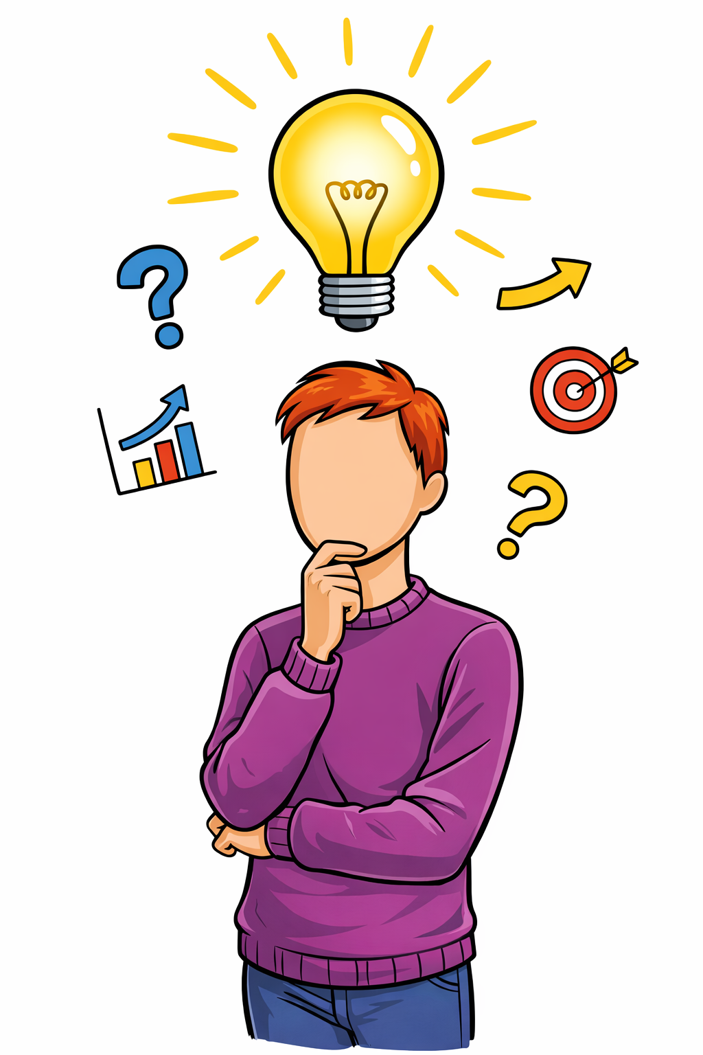 A figure in a thinking pose with a glowing lightbulb and floating question marks above their head