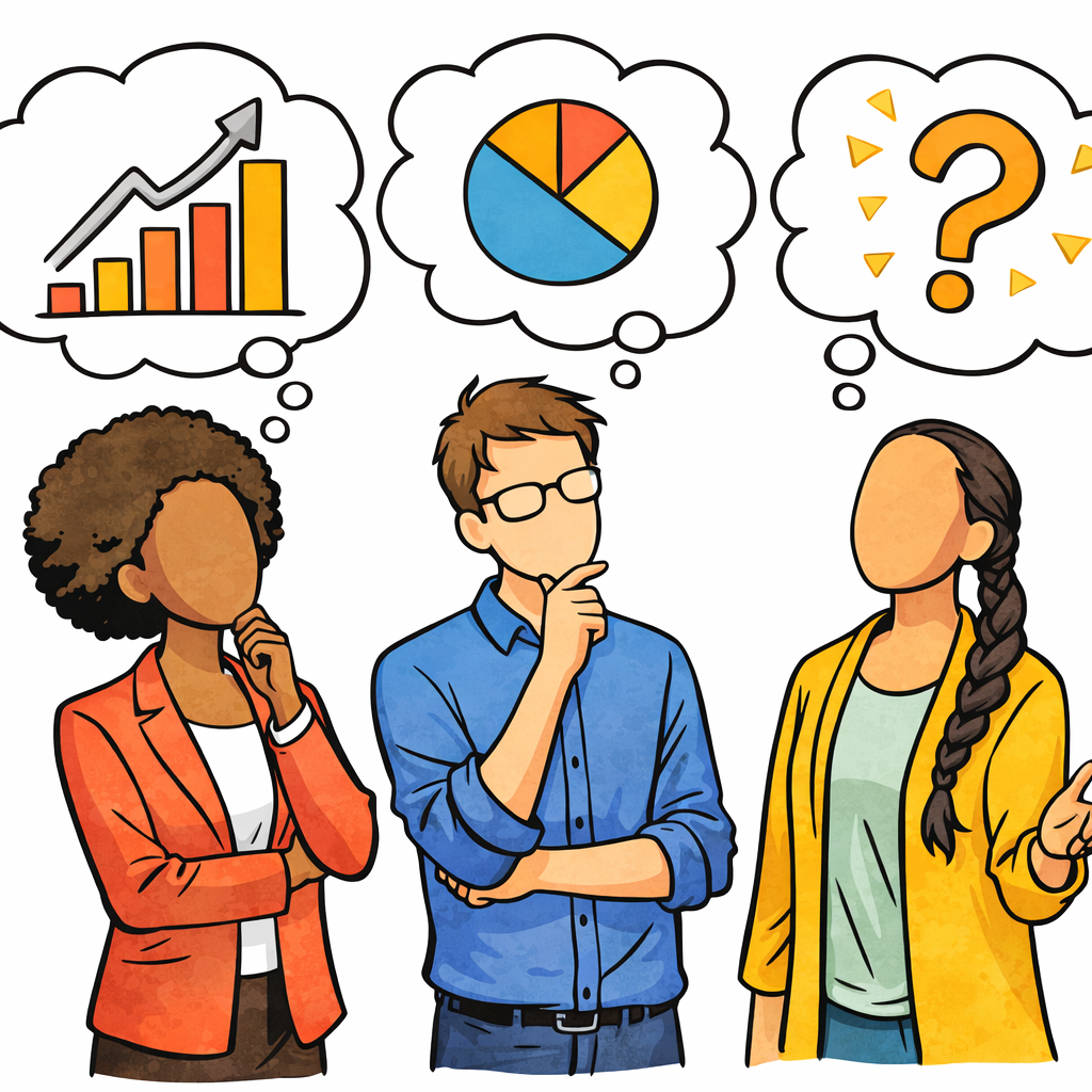 Three diverse people with thought bubbles containing business questions